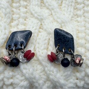 Vintage Artisan Mixed Media Dangle Earrings Ceramic Stone Beads Boho